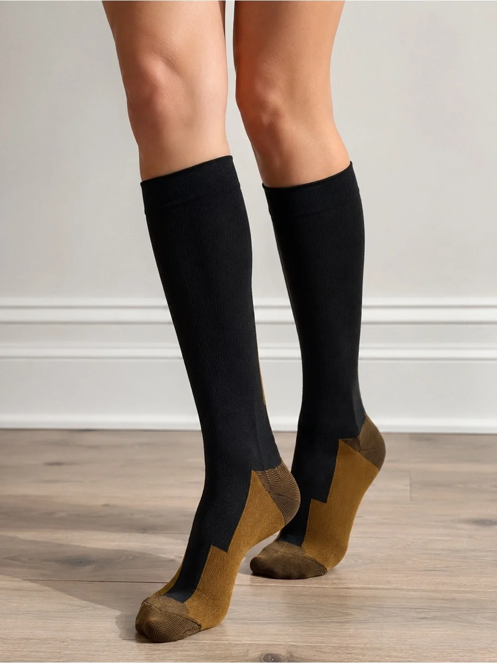 Knee High Compression Socks Black Camel Colorblock Graduated Support Unisex